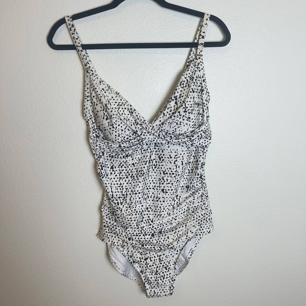Calvin Klein Women One Piece Swimsuit Black‎ White Dot 10 V Neck Ruched Beach